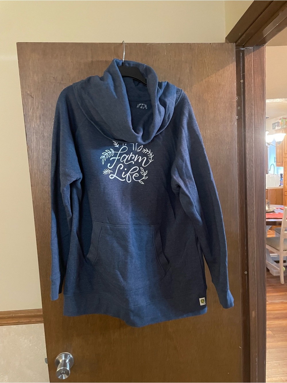 John Deere Navy Women's Cowl Neck Sweater with White Farm Life Graphic